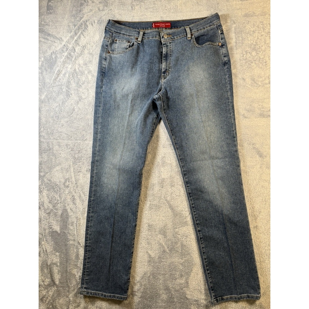 Levi's Straight Leg Stretch Low Rise Blue Denim Jeans 5-Pocket Button Logo